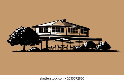 2 tone drawing of restaurant with terrace and umbrellas
