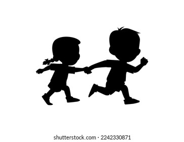 2 (two) cute cartoon kids silhouette running together holding hands, intimate brother and sister