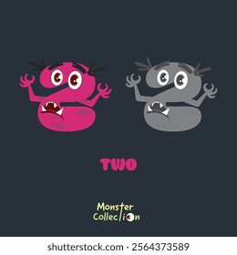 2, two, Monster Cartoon numbers, Colourful Cartoon Monster Collection with Cute and Scary Designs