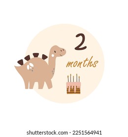 2 two months Baby month anniversary card metrics. Baby shower print with cute animal dino, flowers and palm capturing all special moments. Baby milestone card for newborn girl.