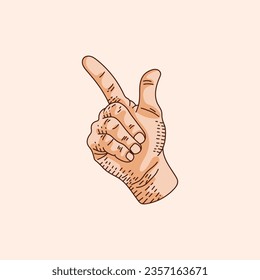 2 or Two number logo in a deaf-mute hand gesture number. Hand drawn vector illustration isolated on brown background.