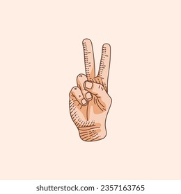 2 or Two number logo in a deaf-mute hand gesture number. Hand drawn vector illustration isolated on brown background.