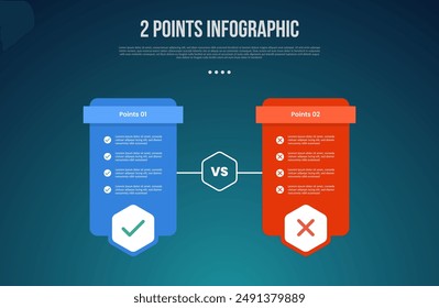 2 or two point template comparison versus things in infographic with table price box with hexagon badge with modern dark style for slide presentation vector