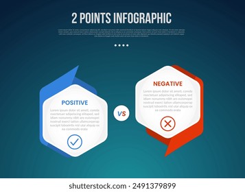 2 or two point template comparison versus things in infographic with hexagon side to side with creative header and footer sharp with modern dark style for slide presentation vector