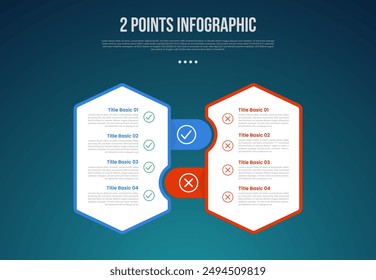 2 oder 2-Punkt-Vorlagen-Vergleich im Vergleich zu Dingen in der Infografik mit vertikalem Sechseck mit rundem Rechteck-Box-Join mit modernem Dark Style für die Dia-Präsentation Vektorgrafik