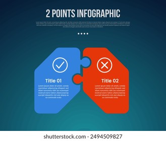 2 or two point template comparison versus things in infographic with round puzzle box connection with modern dark style for slide presentation vector