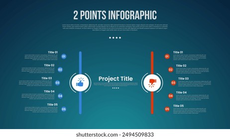 Comparación de Plantilla de 2 o dos puntos frente a cosas en infografía con círculo en línea de Vertical con lista de puntos de curva con estilo oscuro moderno para Vector de presentación de diapositivas