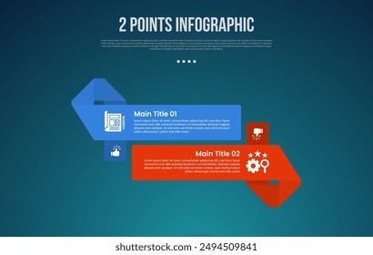 2 or two point template comparison versus things in infographic with big rectangle ribbon shape up and down with modern dark style for slide presentation vector