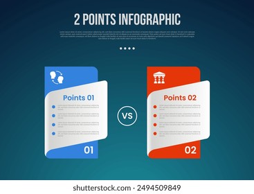 Comparación de Plantilla de 2 o dos puntos frente a cosas en infografía con estilo de caja de mesa de Precios con estilo moderno oscuro para Vector de presentación de diapositivas