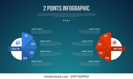 2 or two point template comparison versus things in infographic with big circle and triangle slice stack with modern dark style for slide presentation vector