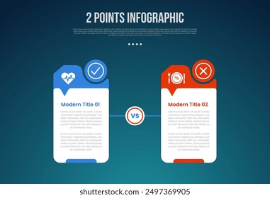 Comparación de Plantilla de 2 o dos puntos frente a cosas en infografía con tabla creativa con círculo y rótulo de flecha Pequeña con estilo oscuro moderno para Vector de presentación de diapositivas