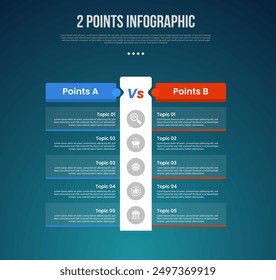 2 oder zwei Punkt Vorlage Vergleich im Vergleich zu Dingen in der Infografik mit Tabellenpunkt keine Grenzen mit großen vertikalen Box mit modernen dunklen Stil für Folie Präsentation Vektor