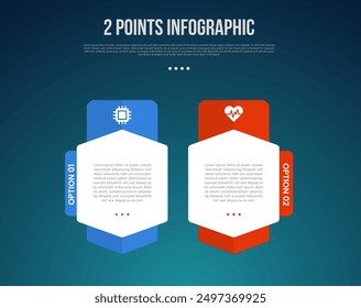 2 or two point template comparison versus things in infographic with big hexagon container with round badge with modern dark style for slide presentation vector