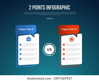 2 or two point template comparison versus things in infographic with creative, table box with callout comment header with modern dark style for slide presentation vector