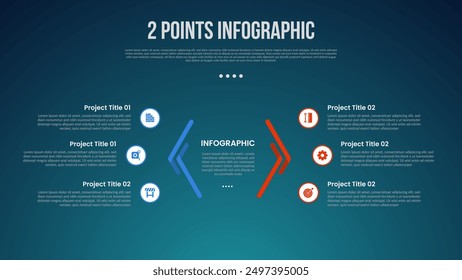 2 or two point template comparison versus things in infographic with creative line arrow opposite on center with modern dark style for slide presentation vector
