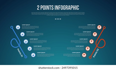 2 or two point template comparison versus things in infographic with creative slope shape on vertical direction with modern dark style for slide presentation vector