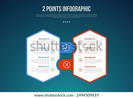 2 or two point template comparison versus things in infographic with vertical hexagon with round rectangle box join with modern dark style for slide presentation vector