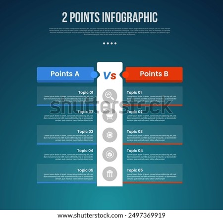 2 or two point template comparison versus things in infographic with table point no boundaries with big vertical box with modern dark style for slide presentation vector