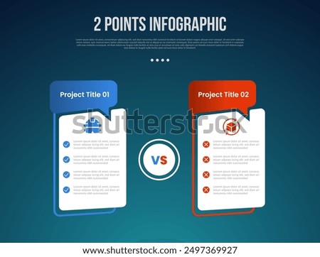 2 or two point template comparison versus things in infographic with creative, table box with callout comment header with modern dark style for slide presentation vector