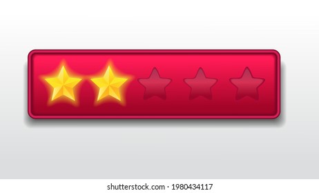  2 (two) stars. Customer feedback rating sytem. realistic shiny gold stars in front of red rectangle modern vector illustration