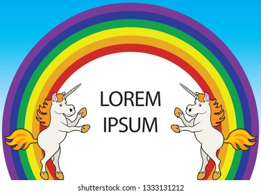 2 unicorns are rearing and drawing attention to the empty space on a rainbow sign