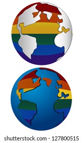 2 variations of the Earth with rainbow flags