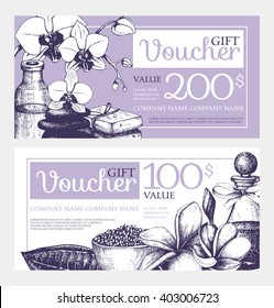 2 Vector Gift voucher design with hand drawn spa illustration in lilac colors. Spa sketch background with vintage orchids flowers. Gift voucher template for beauty salon.