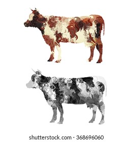 2 vector images of cows with natural color ornate. Mosaic in zentangle  (or boho) style on white background.