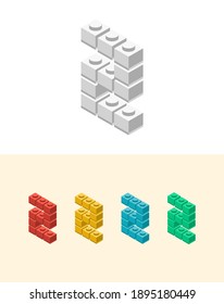 2 vector number with colourful plastic toy brick, isolated isometric 3d childish block font. Perfect for kids labels, birthday and kindergarten posters, school style, children magazines etc.