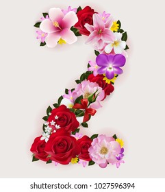 2, vector number font with realistic of beautiful tropical flowers on background color.