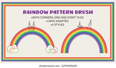 2 vector seamless pattern brushes with rainbow. Complete brushes with corners, end and start tiles. CMYK adapted Good for groovy, hippie style, kids design