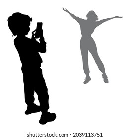 2 vector silhouettes. Girl posing with arms outstretched to the sides. Black silhouette of a little boy, a child stands on the phone to his mother.