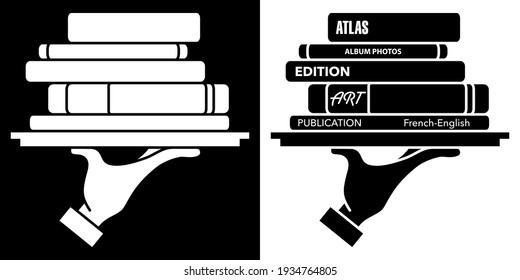 2 versions of a black or white pictogram, with or without text, of a hand carrying a stack of books on a tray. 