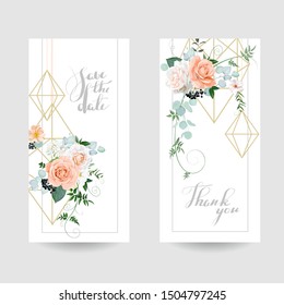 2 vertical wedding invitation with peach 
 roses in urban style