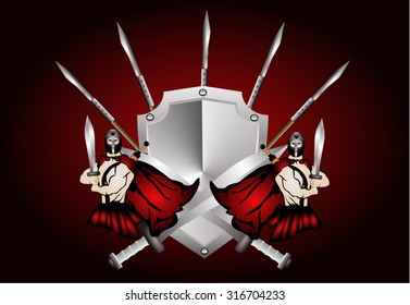 2 warrior behind the shield and crossed spears on red background illustration