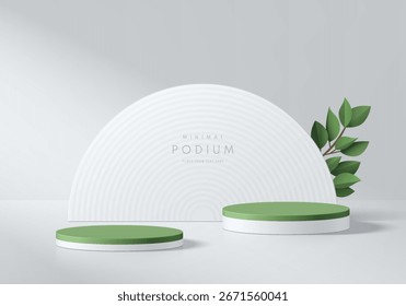 2 white, green 3D cylindrical podium background with semi circle backdrop, green leaf. Minimalist mockup pedestal. Abstract stands product display presentation, Stage showcase. Platforms vector design