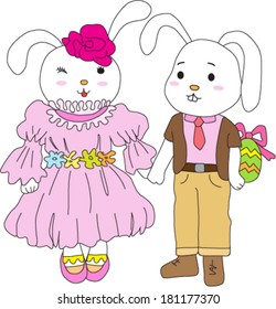 2 White Rabbit holding hands together with Easter Egg