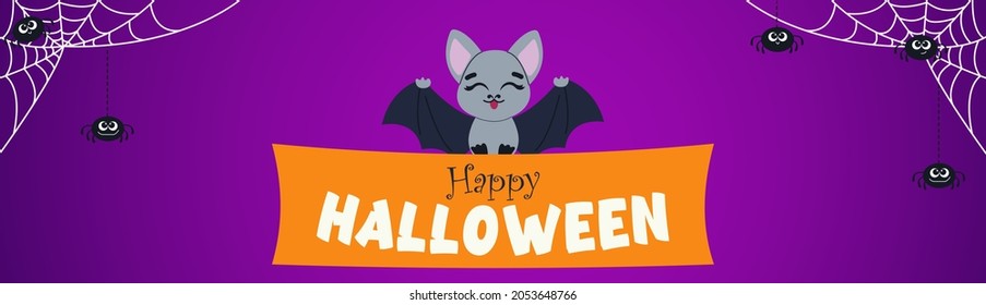 2 Wide purple Halloween banner with cobwebs and spiders. Cute cartoon bat, Halloween, for decorating postcards. Halloween Design, Halloween Mood