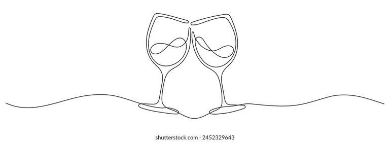 2 wine glasses cheers shape drawing by continuos line, thin line design vector illustration.vector with editable stroke