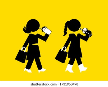 2 woman icon is drinking a cup of bubble tea and smoothie. they are holding the paper bag in thier hand. advertisement of big sale. feminine activities. shopping time and hang out on weekend. 