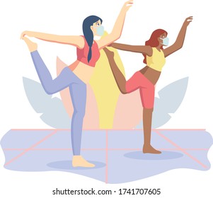 2 womans are doing yoga while using medical mask