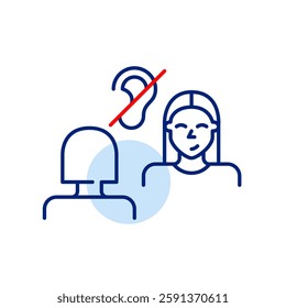 2 women in conversation or interview and crossed out ear. No eavesdropping, confidential information shared. Hearing-impaired or deaf people assisted workplace or romantic date. Pixel perfect, editabl