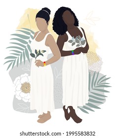 Dos mujeres de diferentes grupos étnicos se casan en la playa con palmeras y flores como telón de fondo. apoyo al matrimonio gay y a las comunidades lgbt. ilustración plana vectorial

