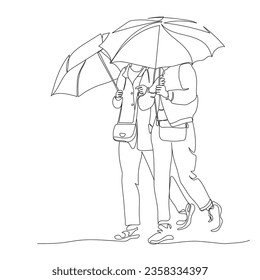 2 women holding umbrellas, walking and talking on rainy day. Black and white vector illustration in line art style.