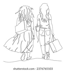 2 women with long hair holding shopping bags and walking away. Back view. Single line drawing. Black and white vector illustration in line art style.