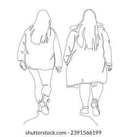 2 mujeres con pelo largo y talla alejadas. Llevando ropa abrigada, chaqueta y abrigo con capucha. La izquierda sostenía el teléfono. Dibujo continuo de líneas. Ilustración vectorial en estilo de arte de línea.