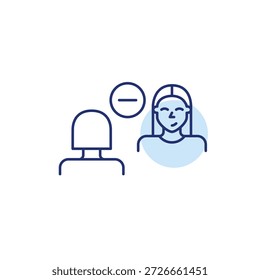 2 mulheres na entrevista ou data e símbolo de menos. Reunião cancelada, fim da discussão. Pixel perfeito, ícone de vetor de traçado editável