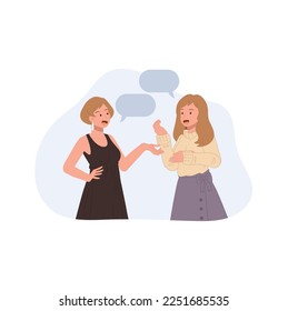2 women talking to each other concept. Female characters communicate and discuss. Speech bubble. Flat vector cartoon illustration