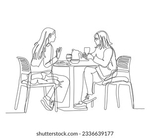 2 women talking and having food at street cafe. Black and white vector illustration in line art style.