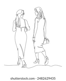 2 women talking and walking away. Wear dress and glasses. Continuous line drawing. Black and white vector illustration in line art style.